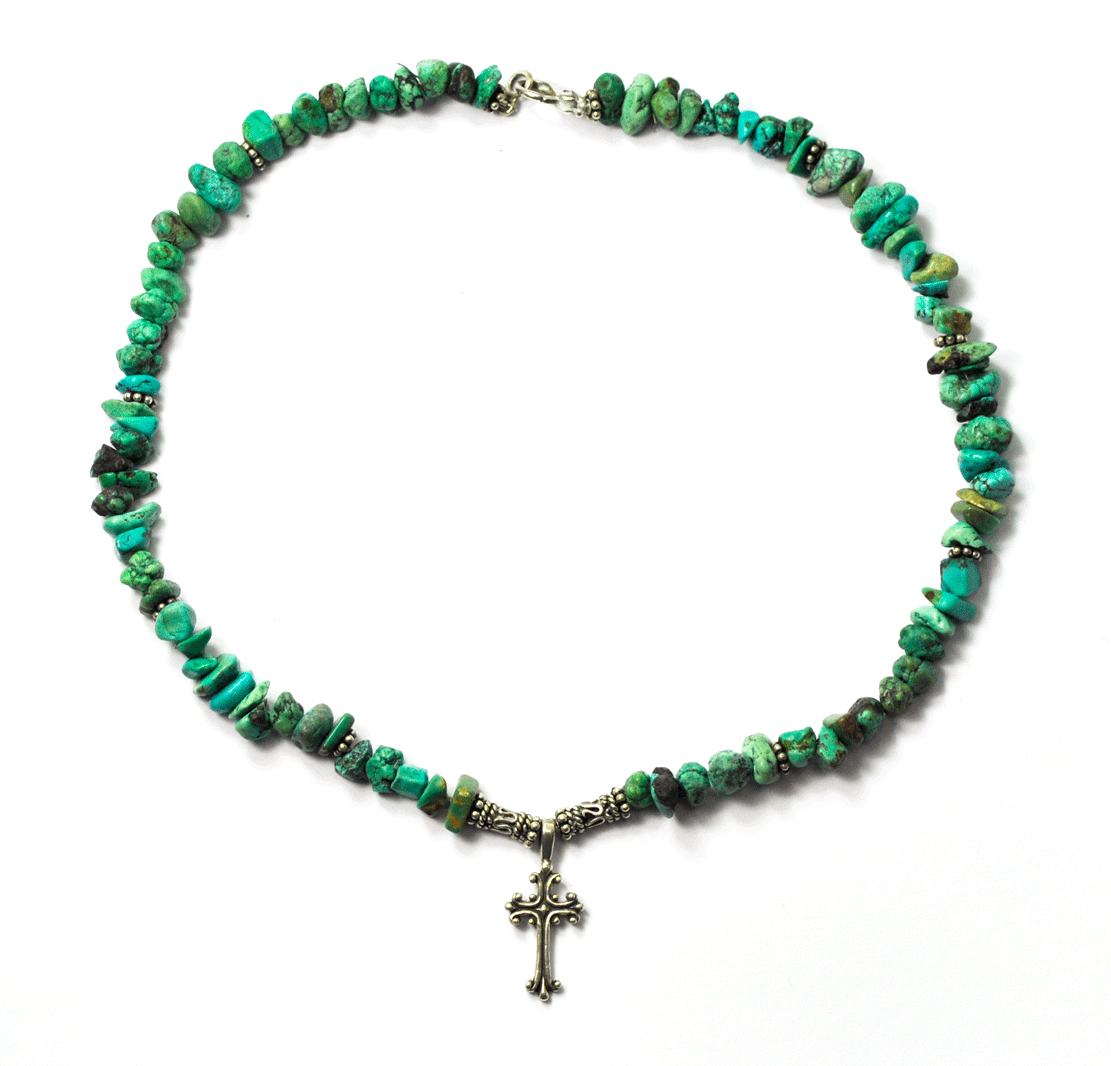 Sterling Sunwest Silver Co Chunky 10mm Turquoise 28mm Cross Bead Necklace 16"