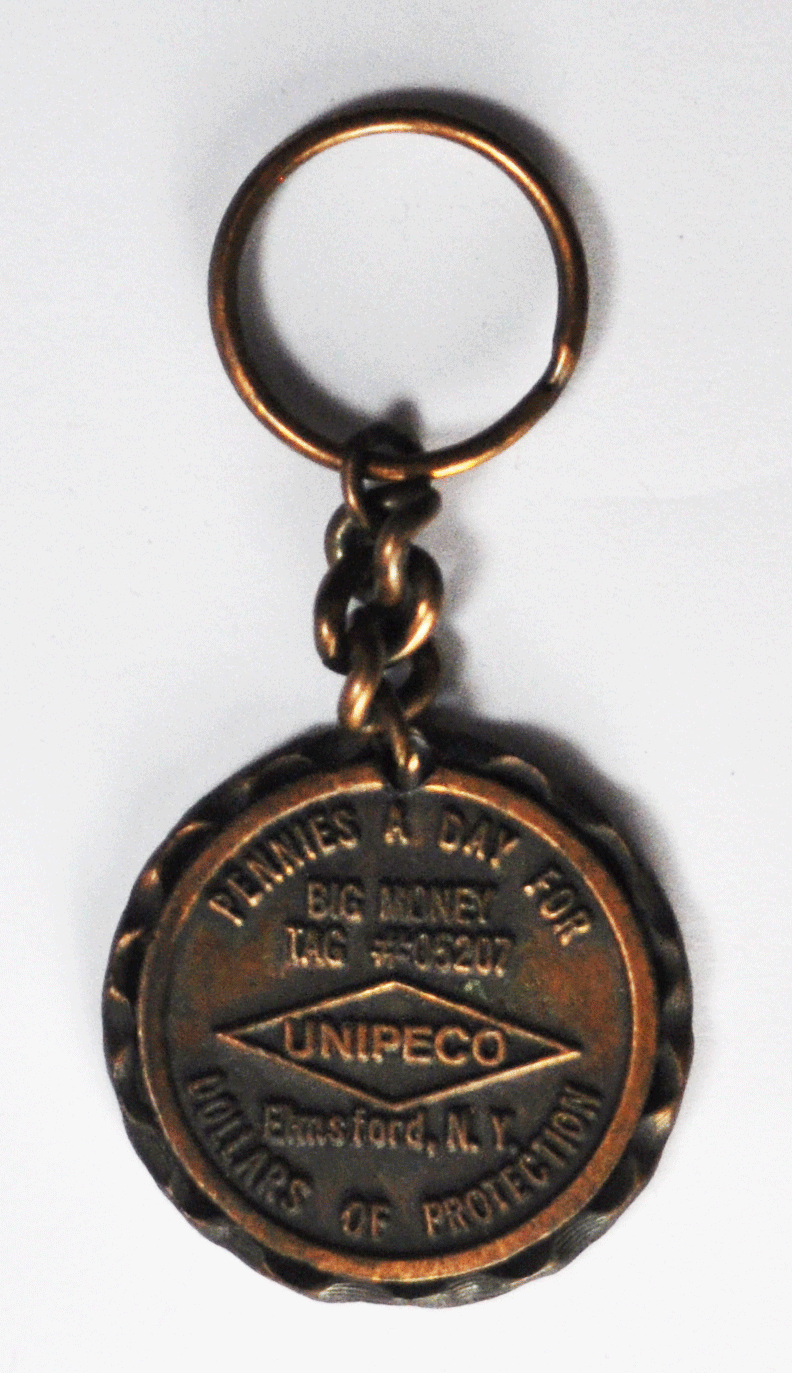 1963 Lincoln Pennies a Day UNIPECO Elmsford NY Dollars Protection Key Chain 40mm
