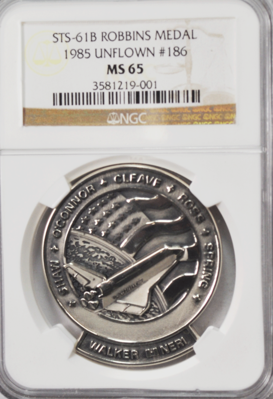 1985 STS-61B Robbins Silver Space Medal Unflown #186 NGC MS65 Atlantis