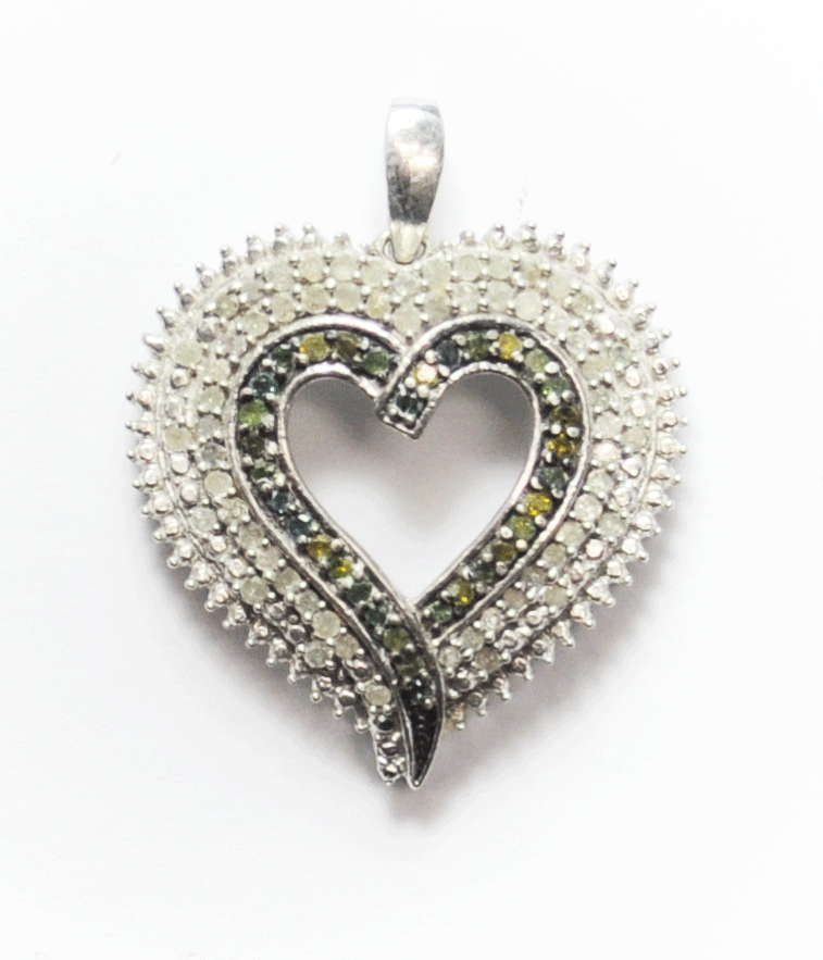 Sterling Silver Yellow Blue Green White Diamond Halo Heart Pendant 27mm x 34mm