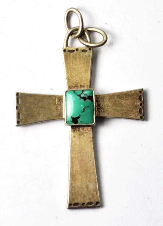 Sterling SL 925 Dry Creek Fox Blue Green Turquoise Cross Pendant 2-1/4" x 1.5"