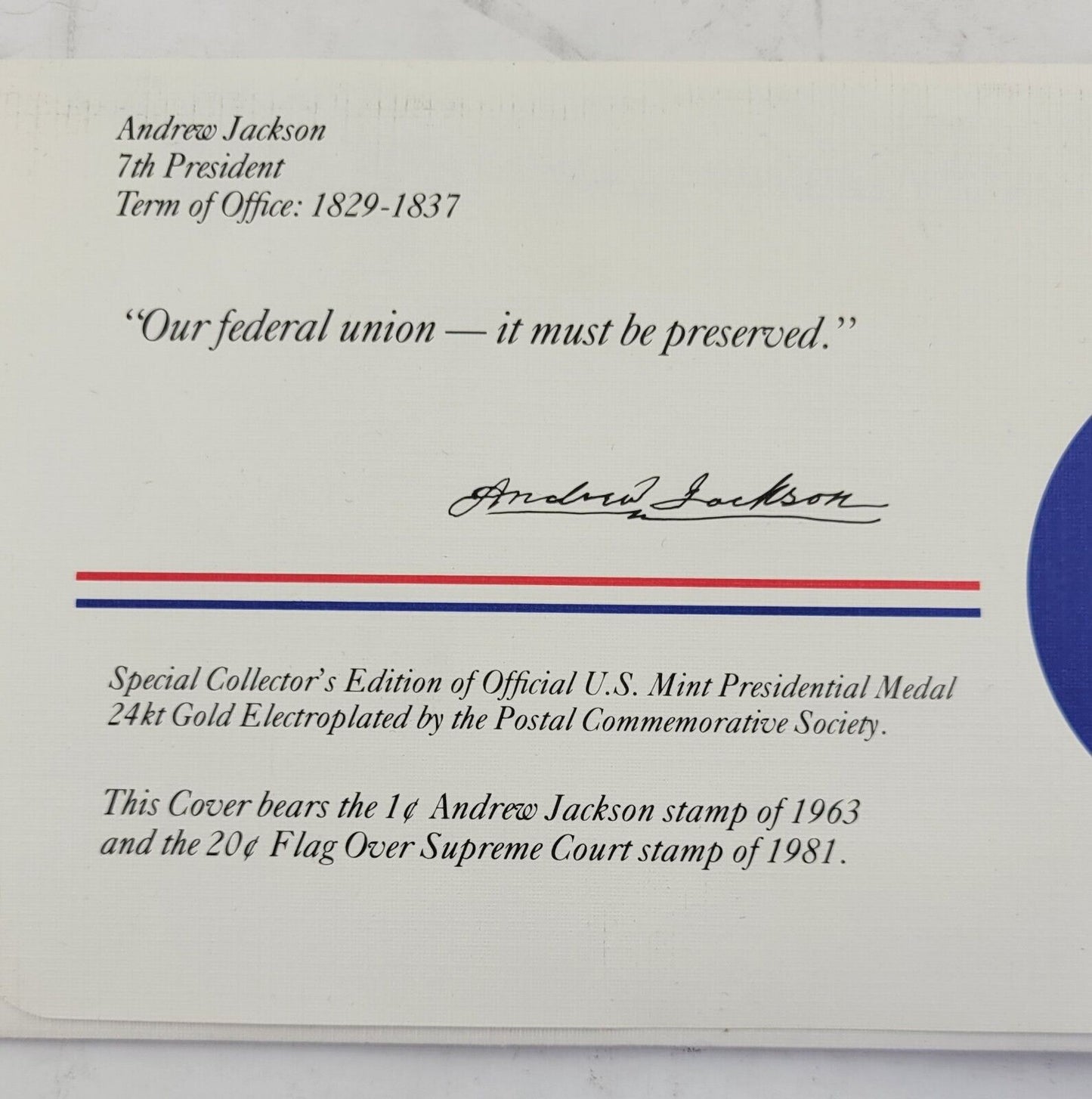 Andrew Jackson Presidential Covers Medal Postal Commemorative Society Gold Plate