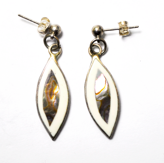 Silver Plated  Abalone & White Enamel Fish Eye Drop Pierced Earrings 10mm 1.5"