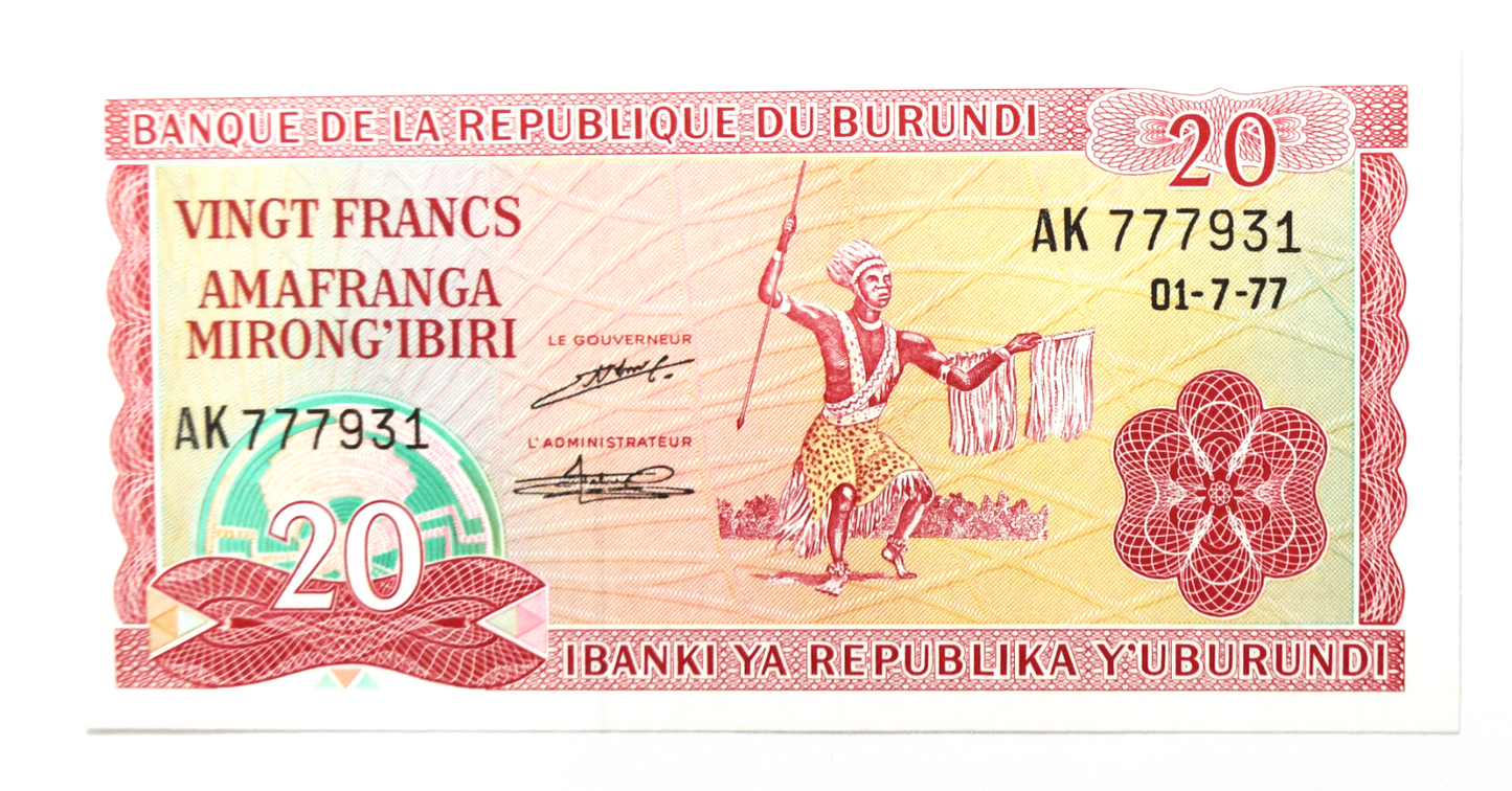 1977 Burundi 20 Francs Uncirculated Banknote AK777931