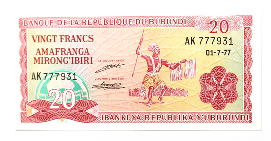 1977 Burundi 20 Francs Uncirculated Banknote AK777931