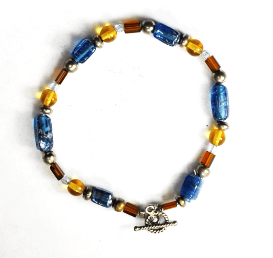 Silver Plated Blue Brown & Orange Glass Bead Toggle Bracelet 10mm 8"