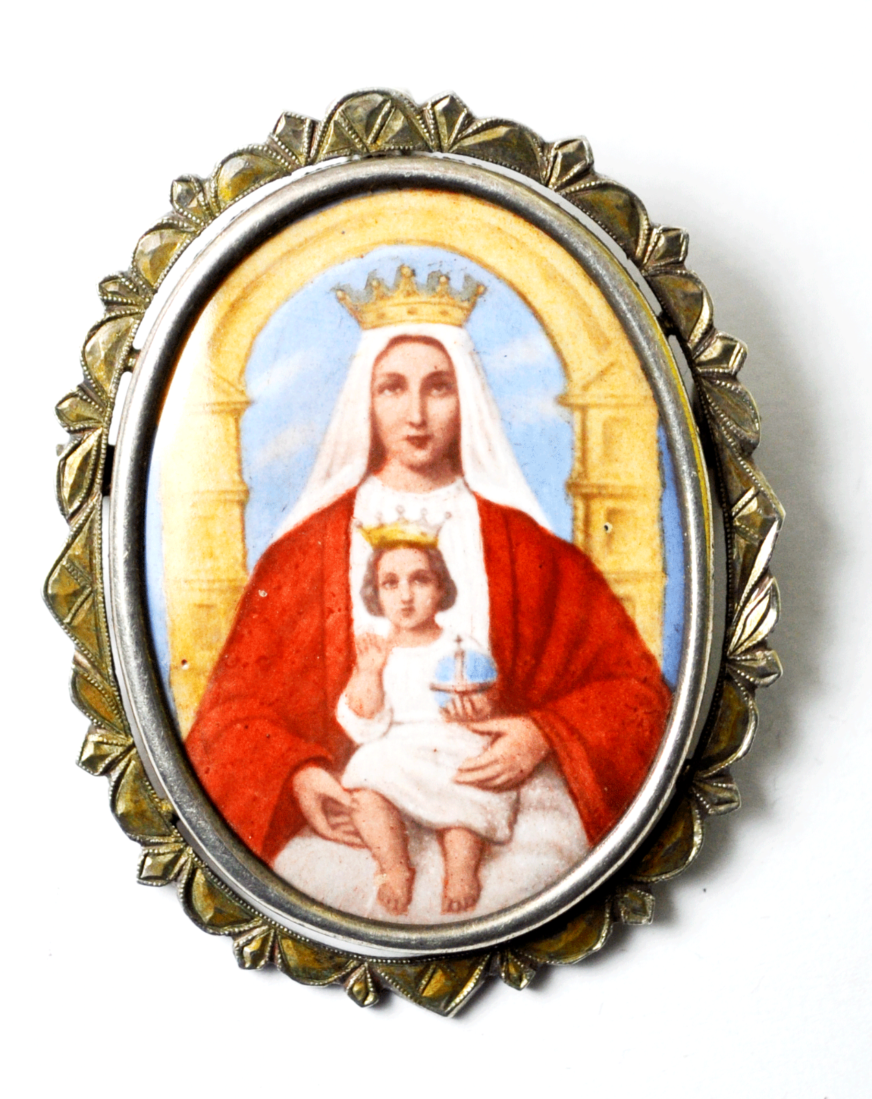 Our Lady Derzhavnaya Orthodox Mother of God Antique Enamel Portrait Silver Bezel