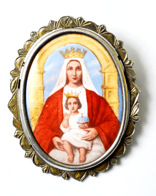 Our Lady Derzhavnaya Orthodox Mother of God Antique Enamel Portrait Silver Bezel