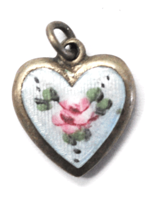 Antique Sterling Flower Rose Yellow Enamel Puffy Heart Charm 17mm x 14mm