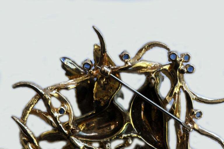 Vintage 14kt Gold and .70ct Sapphire Brooch of Enameled Turtle Dove Birds 2-3/8"