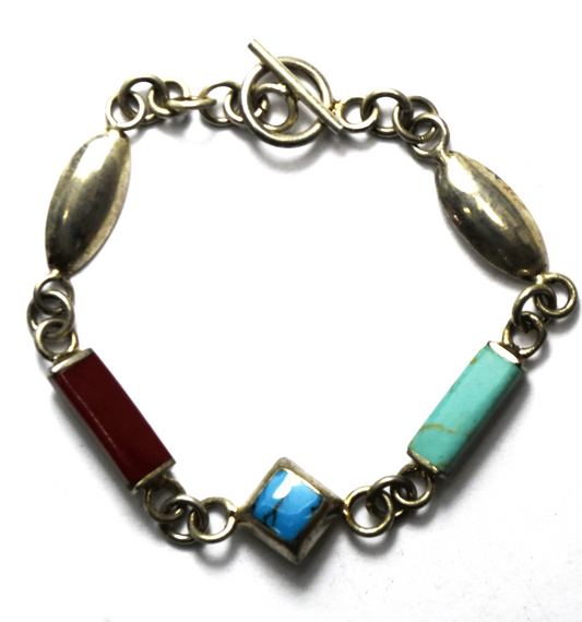 Sterling Silver Turquoise Jasper Rectangle Toggle Bracelet 12mm 7.25"  8g