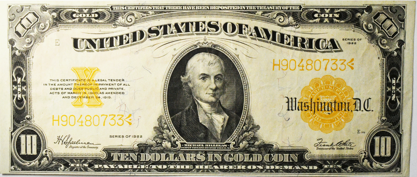 1922 $10 Ten Dollars Gold Certificate Large Note H90480733 XF