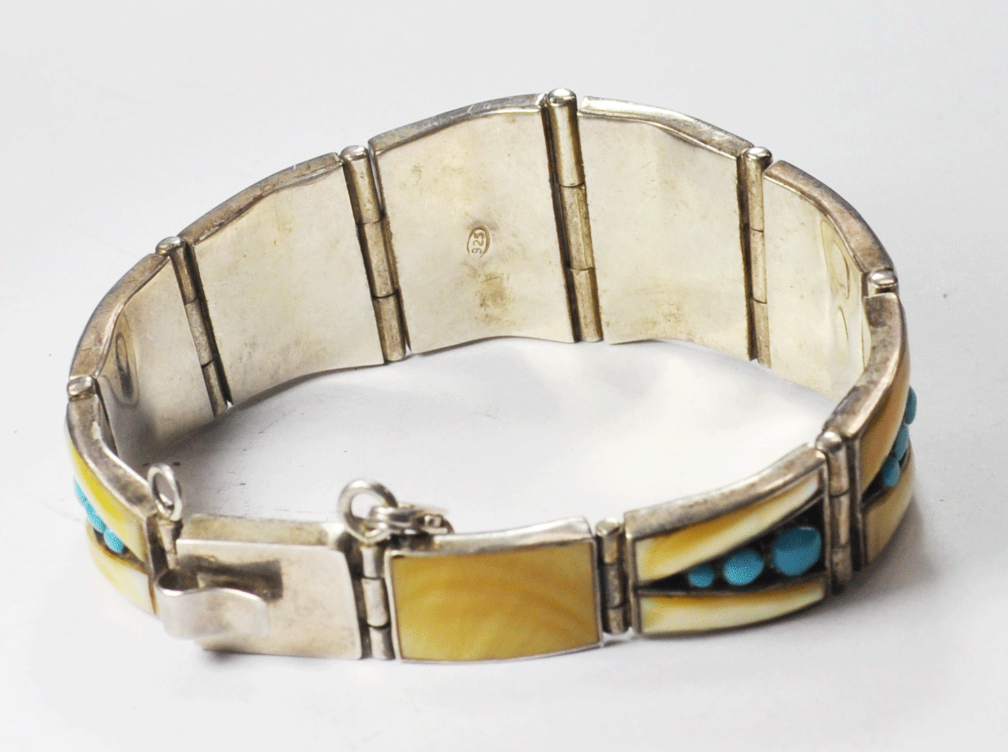 Sterling Silver Yellow MOP Turquoise Inlay Link Tapered Cuff Bracelet 37mm 8"