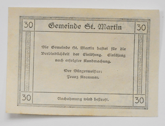 30 Heller Austria Notgeld Banknote St Martin Obermuhl