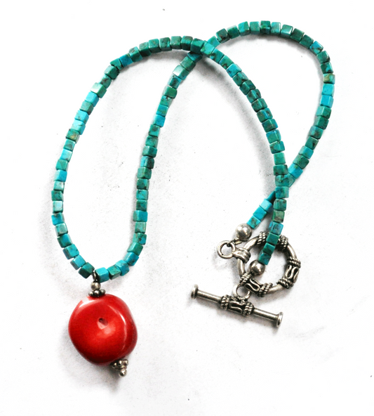 Sterling Silver 3mm Square Turquoise Bead 30mm Coral Pendant Toggle Necklace 15"