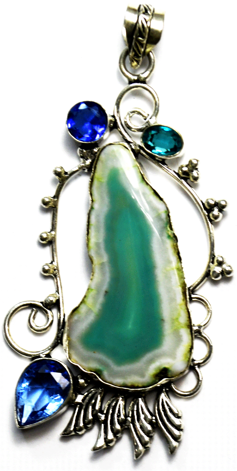 Sterling Silver Large Blue & White Agate Floral Vine Pendant 3.5" x 46mm