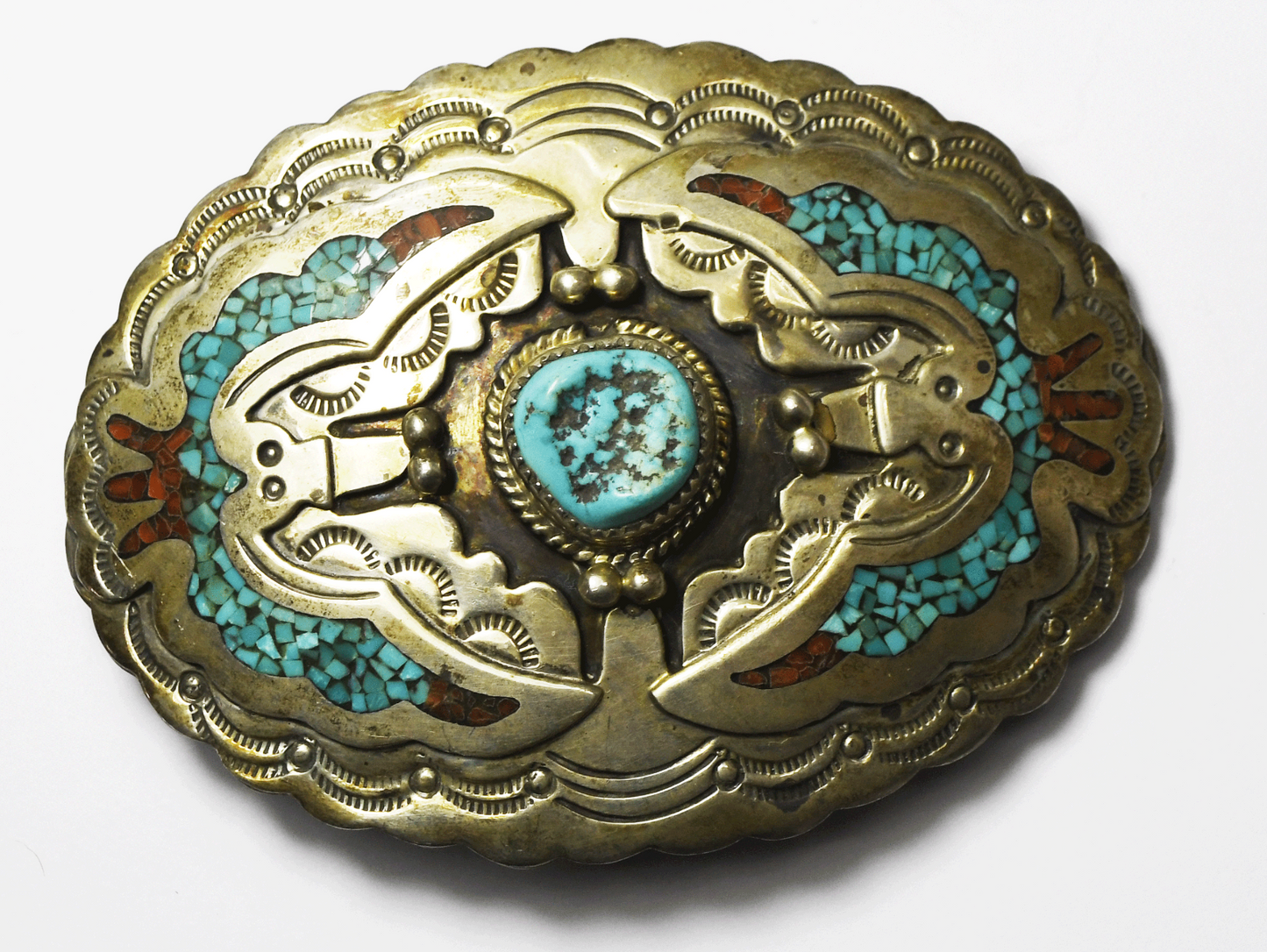 Sterling B. Een Turquoise Chunk Coral Chip Inlay Buckle 3.5" x 2.5" 36mm Belt