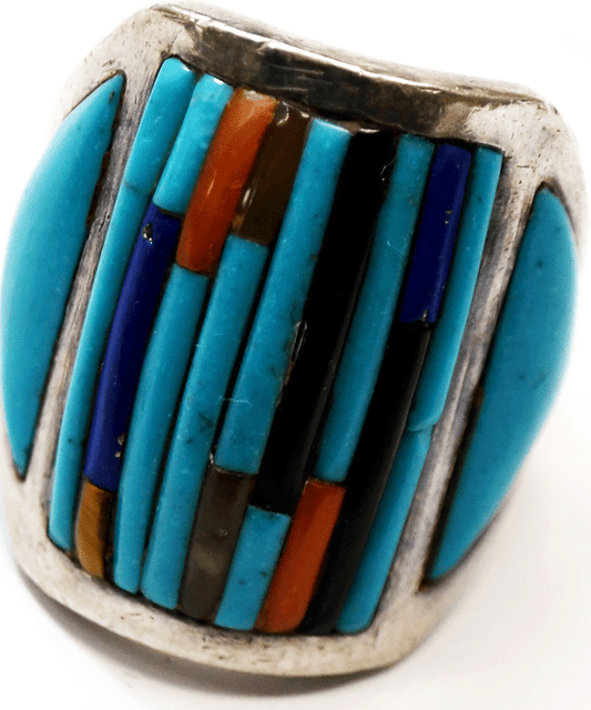 Sterling Turquoise Coral Raised Cobblestone Inlay Striped Ring 28mm Size 9-1/2
