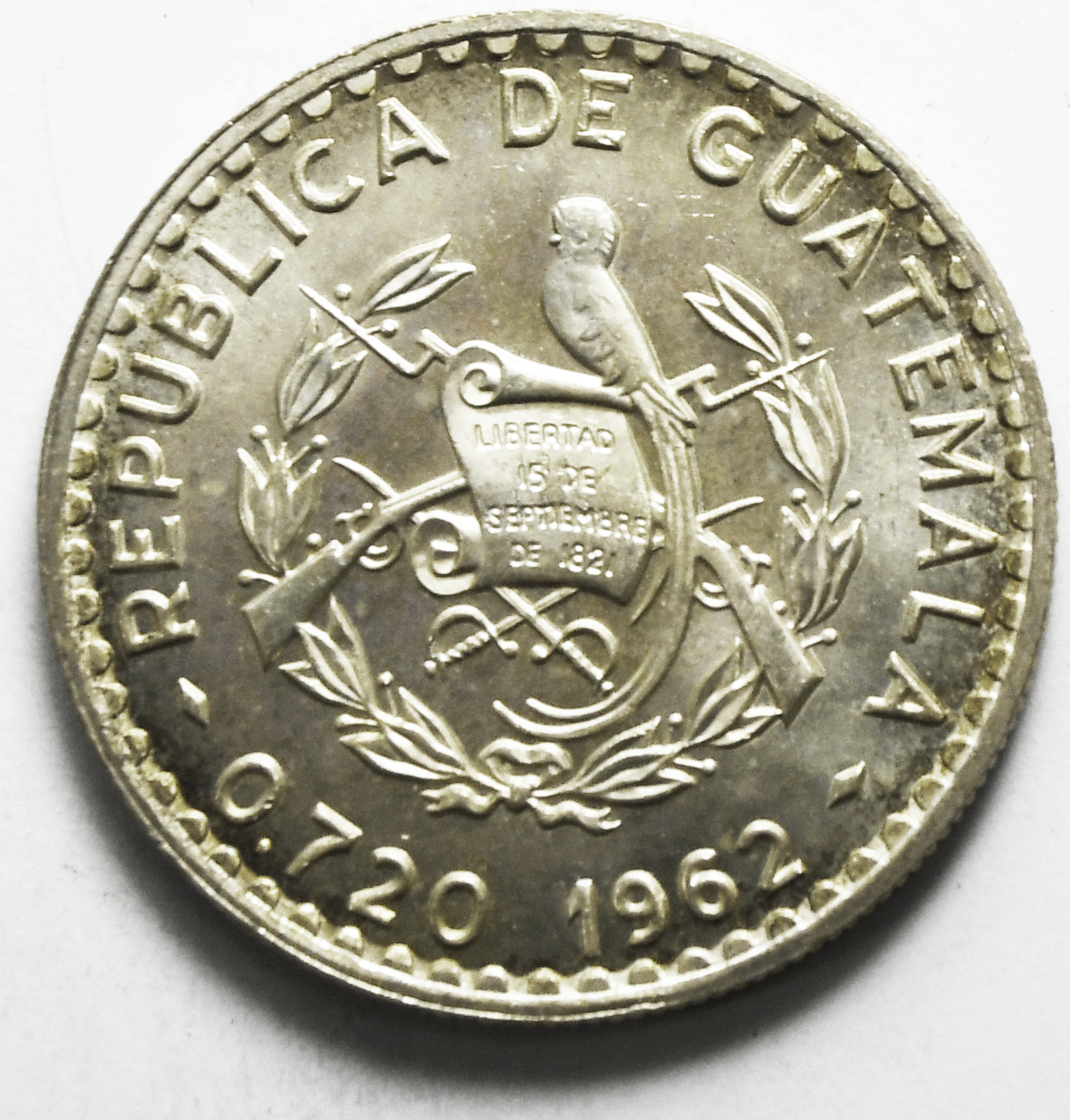 1962 Guatemala 50 Fifty Centavos Silver Coin KM# 264 Uncirculated