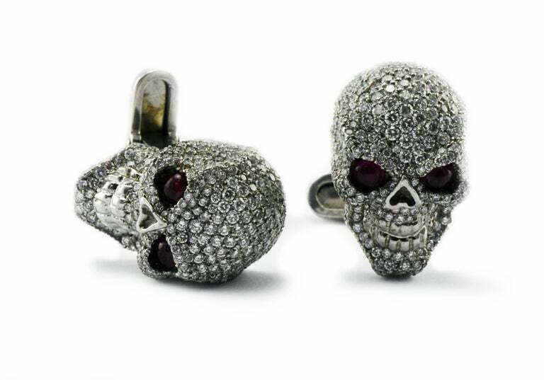 18kt Solid Gold and 3.5 Carat Diamond Skull Cufflinks w/Ruby Eyes 23.8 Grams