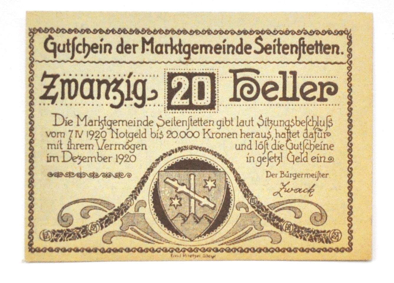 1920 20 Twenty Heller Austria Notgeld Banknote Seitenstetten Uncirculated