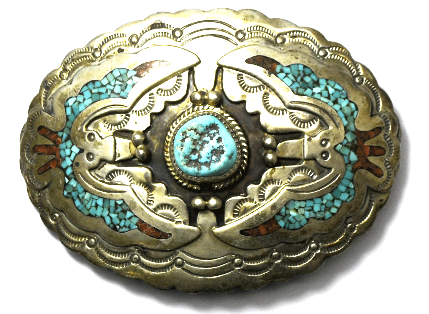 Sterling B. Een Turquoise Chunk Coral Chip Inlay Buckle 3.5" x 2.5" 36mm Belt