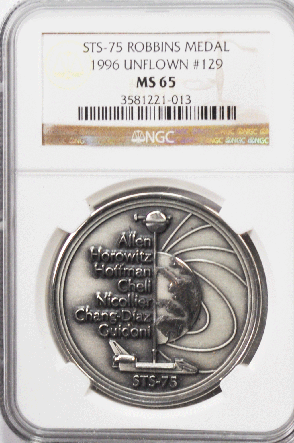 1996 STS-75 Robbins Space Silver Medal Unflown #129 NGC MS65 Columbia