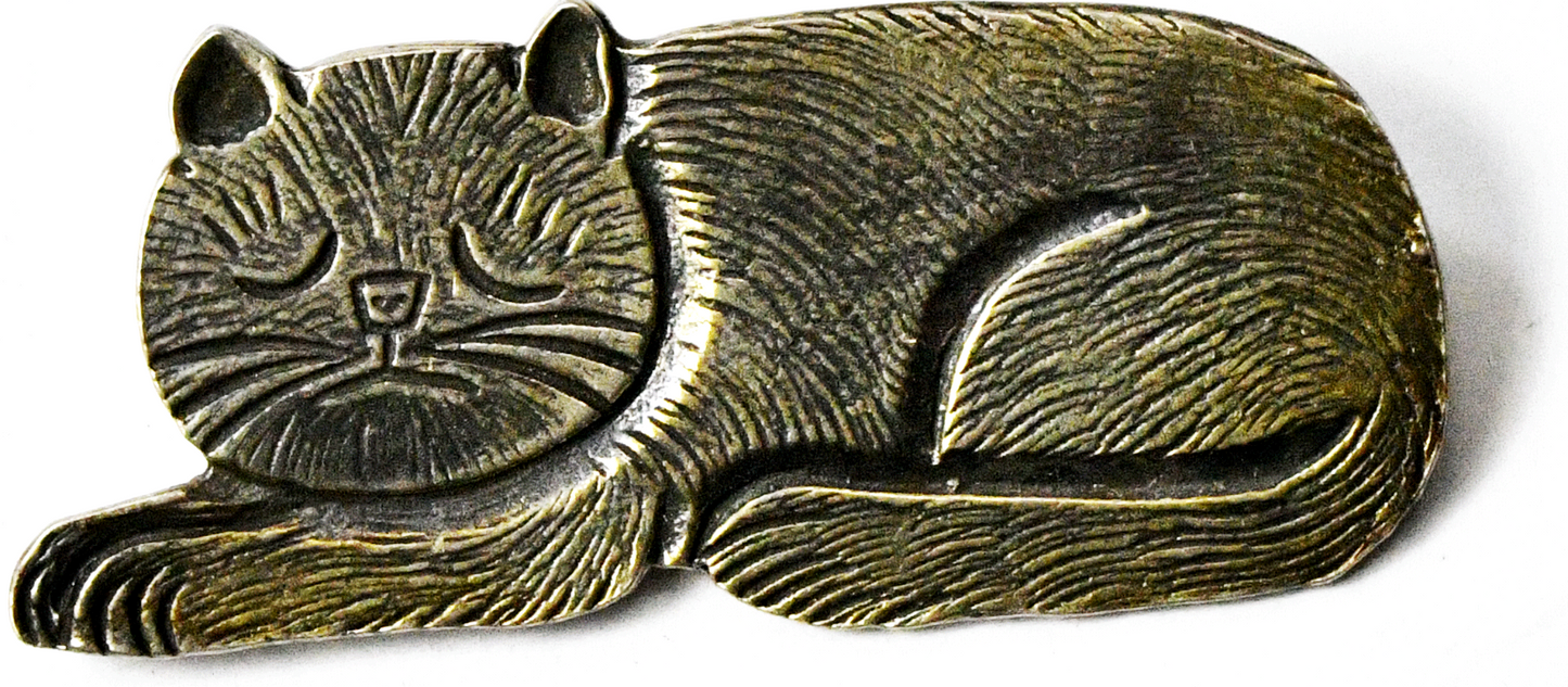 Sterling Silver Clarence Lee Sleeping Cat Brooch Pin 48mm x 20mm