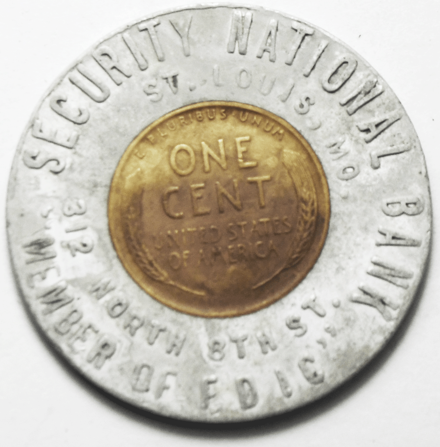 Encased Penny 1c 1945 Wheat Penny Security National Bank St Louis