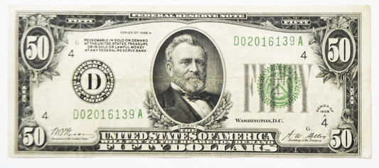 1928 A $50 Fifty Dollar Bill Federal Reserve Note D02016139A Cleveland