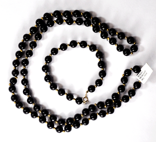 14k Gold & Black 8mm Onyx Bead 28" Necklace & 7-3/4" Bracelet Set