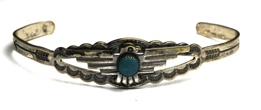 Sterling Silver Antique Thunderbird Turquoise Dot Cuff Bracelet 15mm 7" Wrist
