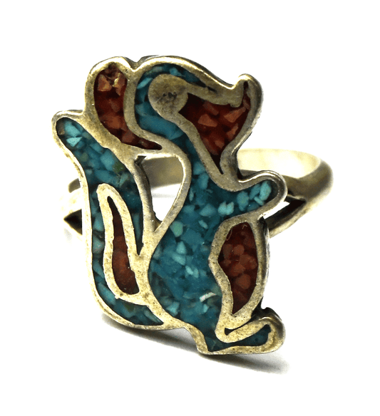 Sterling Turquoise Coral Chip Squirrel Chipmunk Skunk Inlay Ring 23mm Size 6