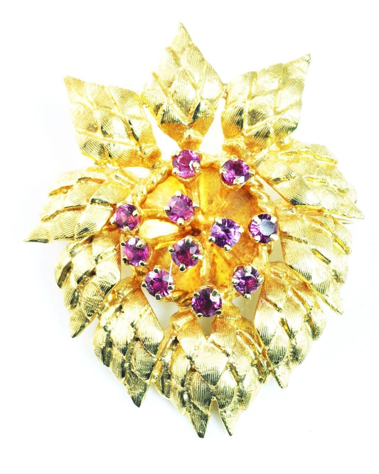 Beautiful Vintage 14k & Tourmaline Floral Leaf Brooch Pin 41mm by 35mm 15.8g