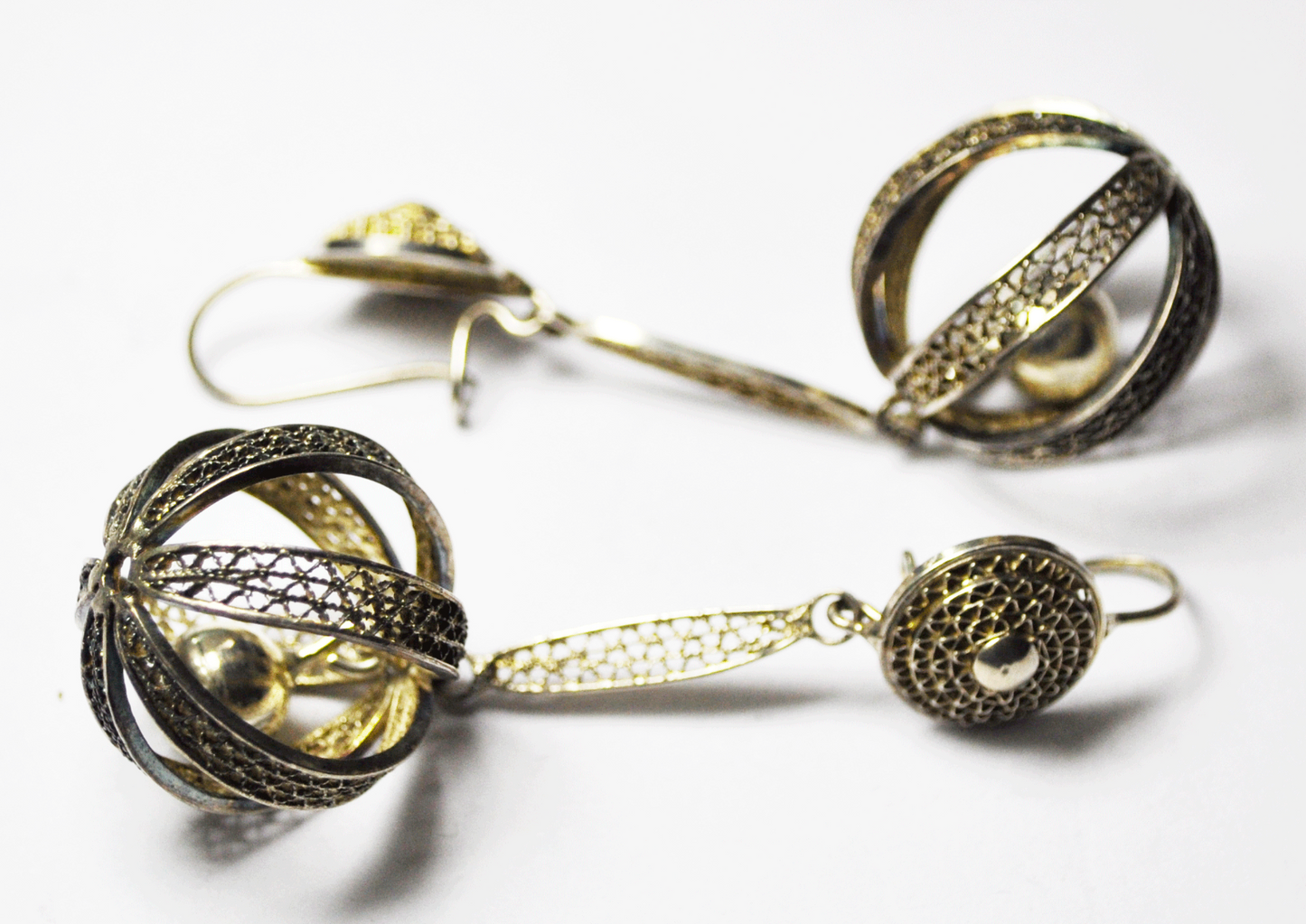 Beautiful 900 Fine Silver Dangle Ball Bell Filigree Earrings 2-3/4" 23mm