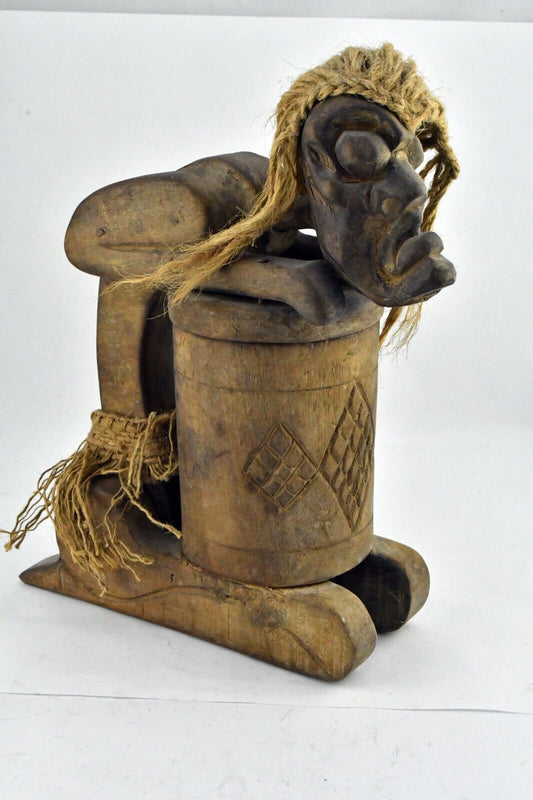 African Wooden Container Cup Vessel 10" x 7 3/4" Beautiful Figure Sculpture