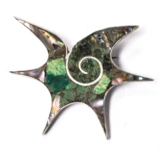 Sterling Silver Mexico Abalone Turquoise 6 Pointed Inlay Swirl Brooch 60x55mm
