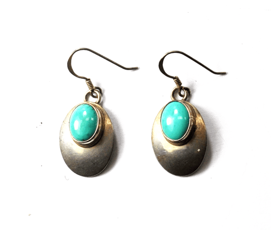 Sterling Silver Oval Turquoise Domed Disc Earrings Hook Signed VS 35mm x 15mm