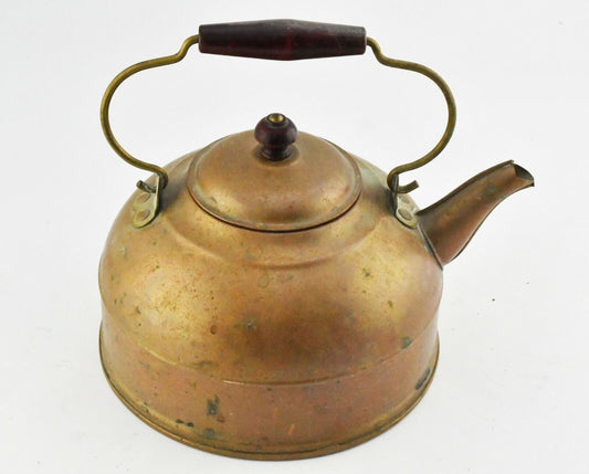Revere Vintage Copper Tea Kettle with Wooden Handle  7" W x 7 1/2" Tall