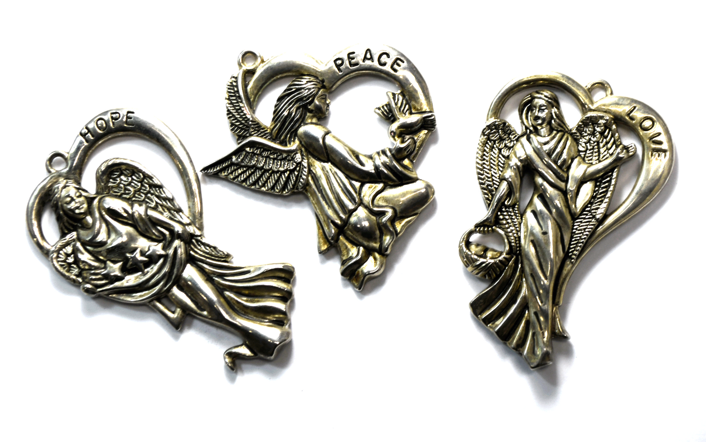 3 Gorham Silverplated Angel Christmas X-Mas 3" Ornaments Peace Hope Love