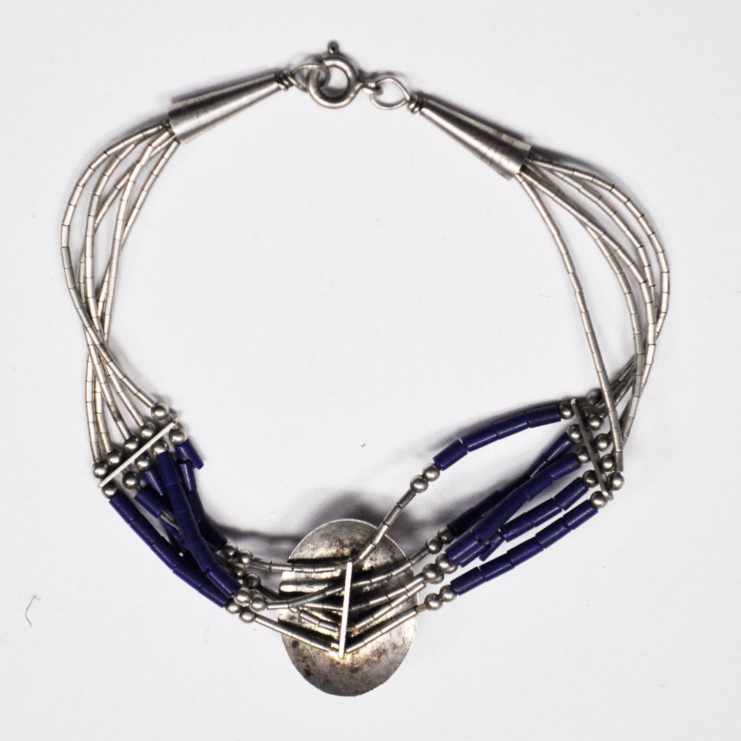 Blue Oval 20mm Pendant Lapis Bead Sterling Liquid Silver Bracelet Sun Etch 7.25"