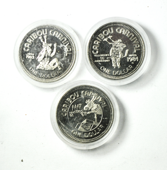 1983 84 & 86 $1 Canada Trade Dollars 34mm Caribou Carnival Dog Derby