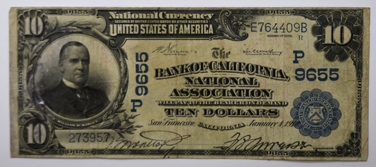 1902 $10 Bank of California National Assoc SF Currency Note 9655 E764409B