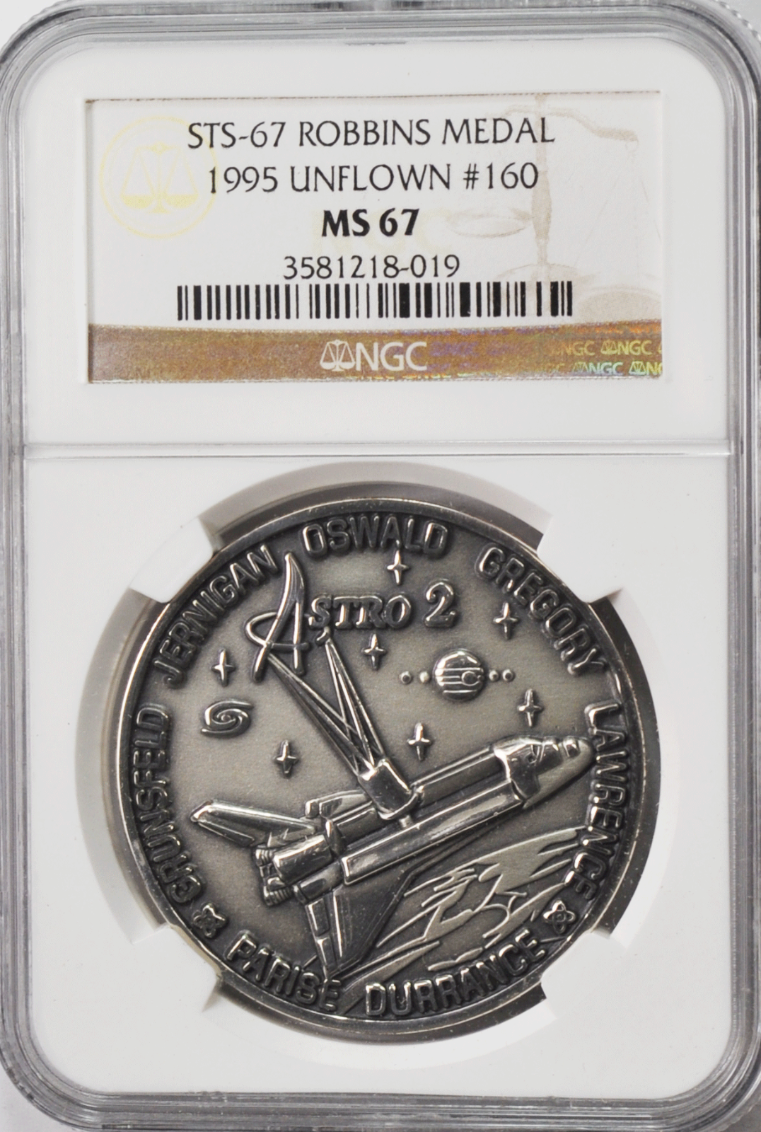 1995 STS-67 Robbins Silver Space Medal Unflown #160 NGC MS67 Endeavour