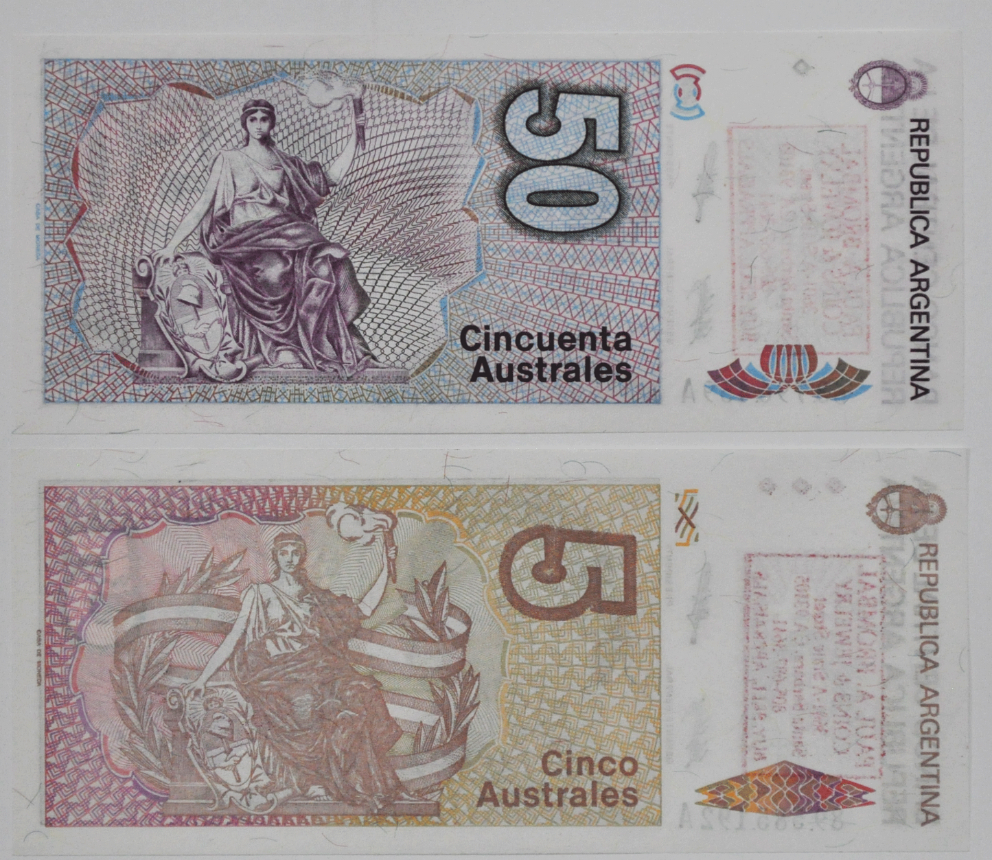 1986-89 ND Argentina Uncirculated 5 & 50 Australes Notes Counter Stamped