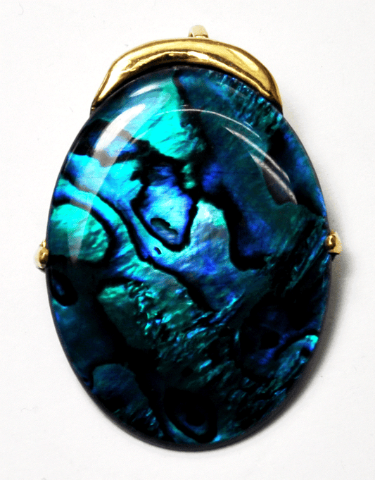 14k Yellow Gold Beautiful Blue Abalone Mother of Pearl Oval Pendant 1-3/4"