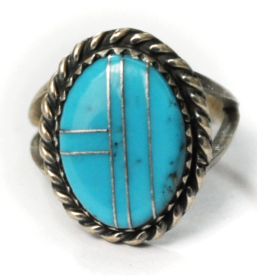 Sterling Silver Signed JF in Bear Turquoise Inlay 18mm Size 4 Ring