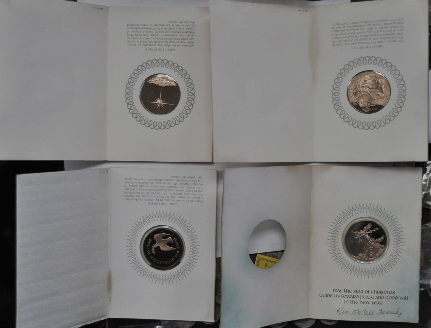 4 Franklin Mint Bronze Peace Glory to God Joy World Season's Greetings Medals