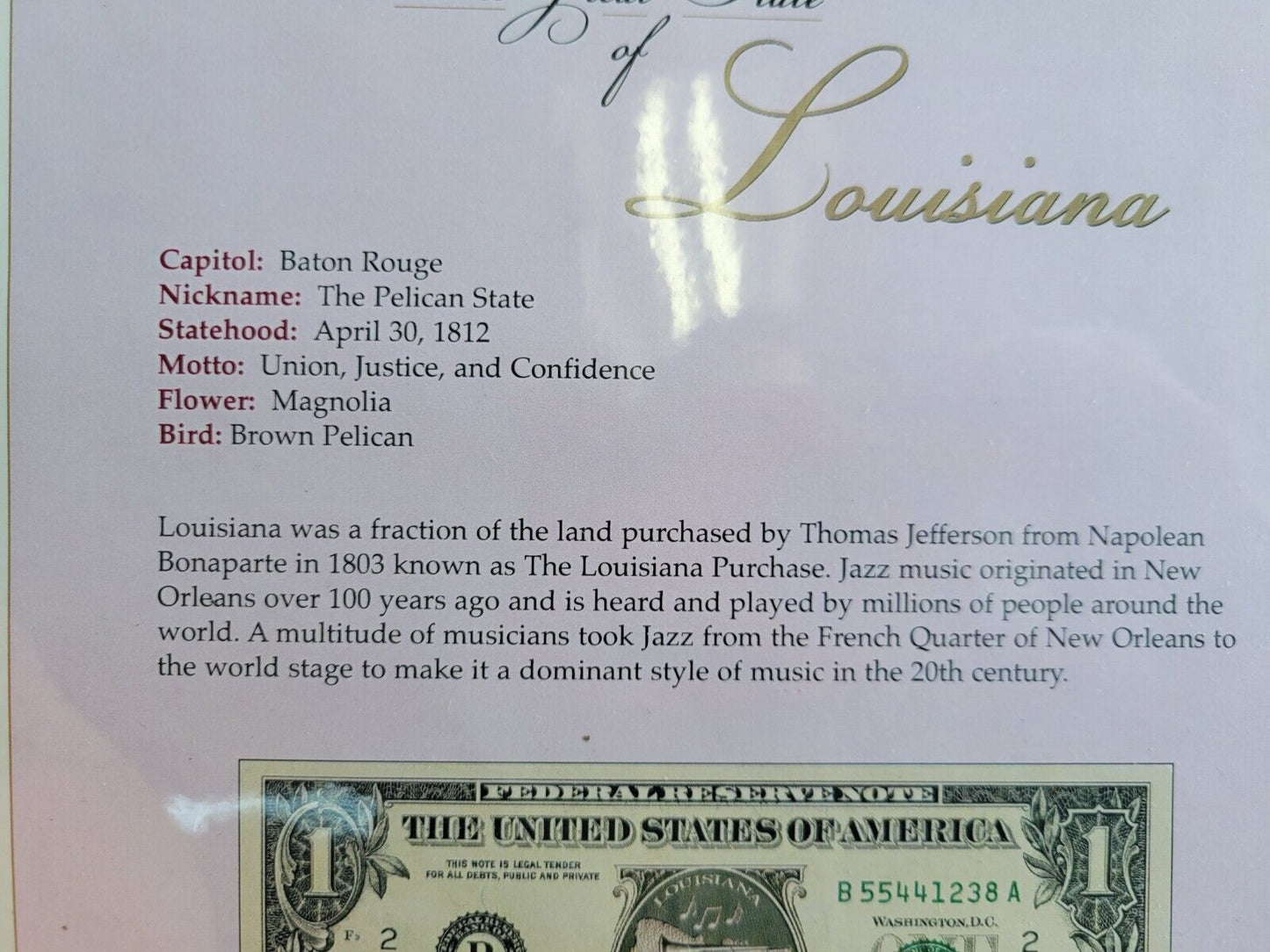 2003 United States Commemorative Gallery Uncut, Uncirculated $1 Bills Louisiana