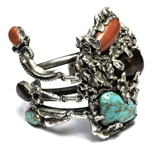 Sterling  Lee & Mary Zuni Coral Turquoise Fire Agate Cuff 65mm Bracelet 6" Wrist